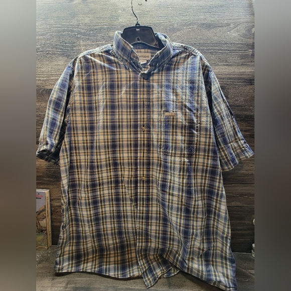 Carhartt Men Blue White Plaid 100% Cotton Short Sleeves Button Down Shirt Large - Picture 1 of 3